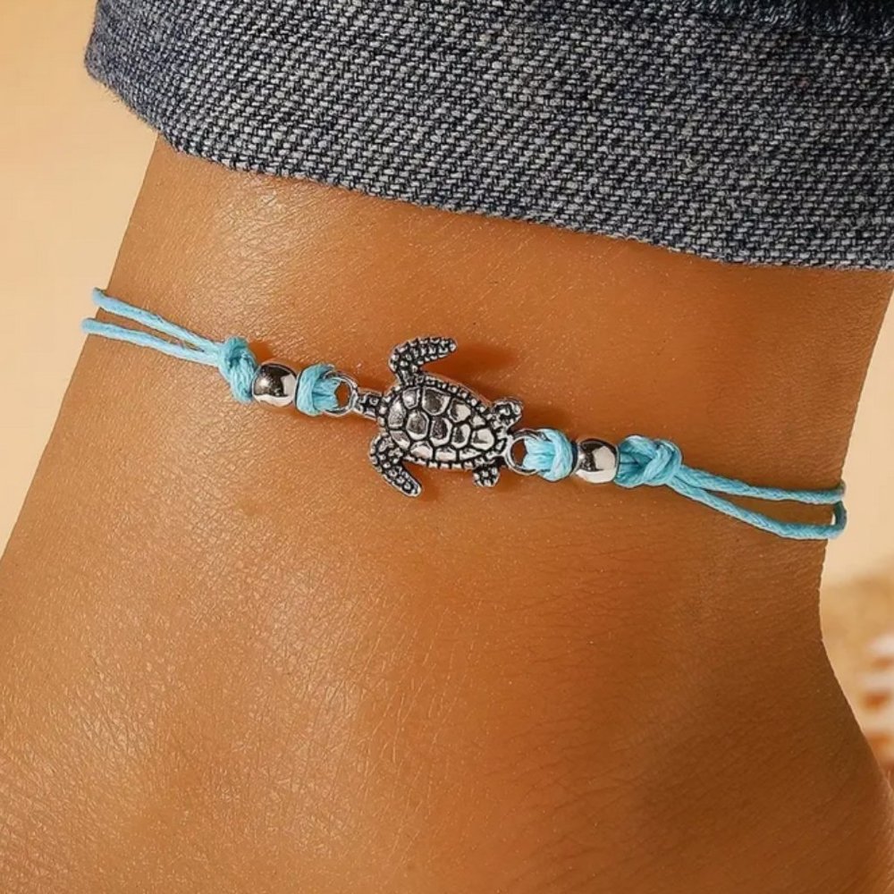 Adjustable Length Blue Hemp Sea Turtle Anklet